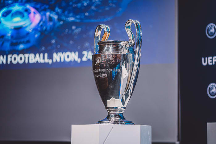The UEFA Champions League trophy pictured on display in July 2023